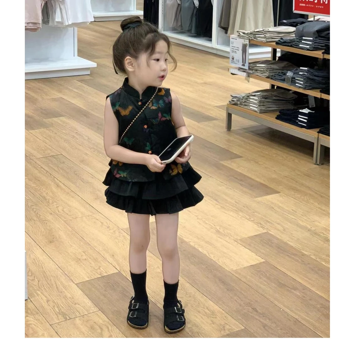《甜小七》2024夏季女童新款中式蝴蝶中式背心黑色双层蛋糕裙套装潮