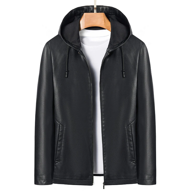 春秋冬新款潮流男士修身保暖真皮连帽皮衣休闲时尚百搭薄款加绒款