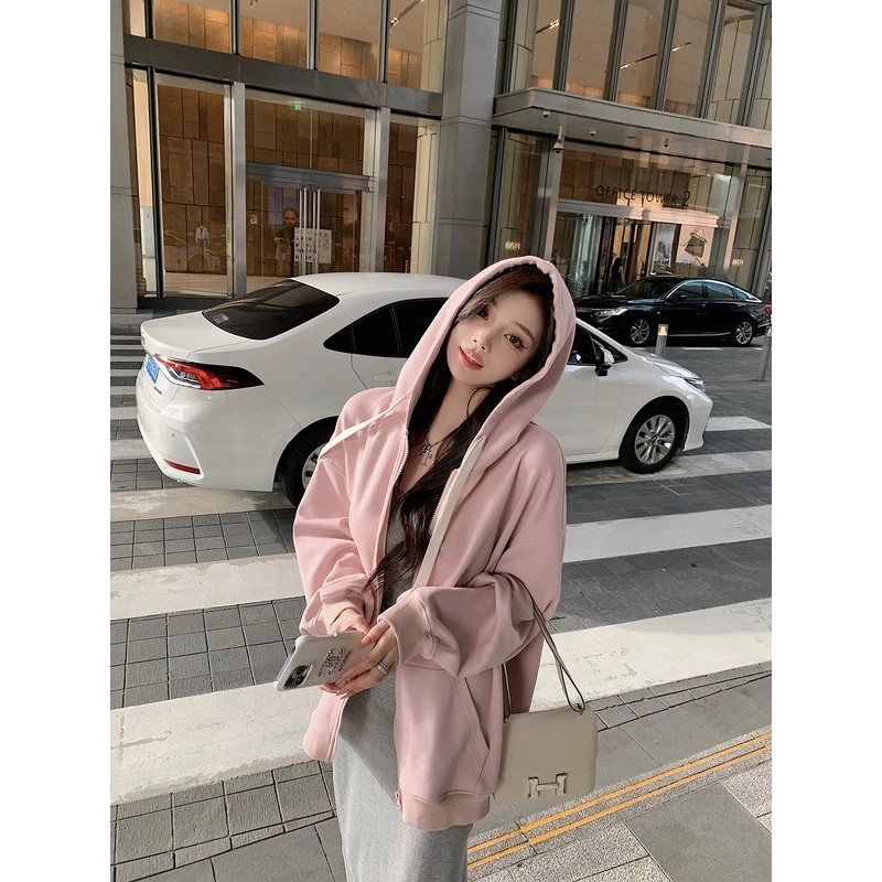 【粉丝专享】纯色卫衣长袖小个子设计感美式复古宽松型外套女