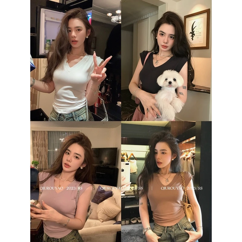 【邱肉瑶粉丝专享*清】打底上衣短款修身显瘦遮肉无袖纯欲T恤女QC