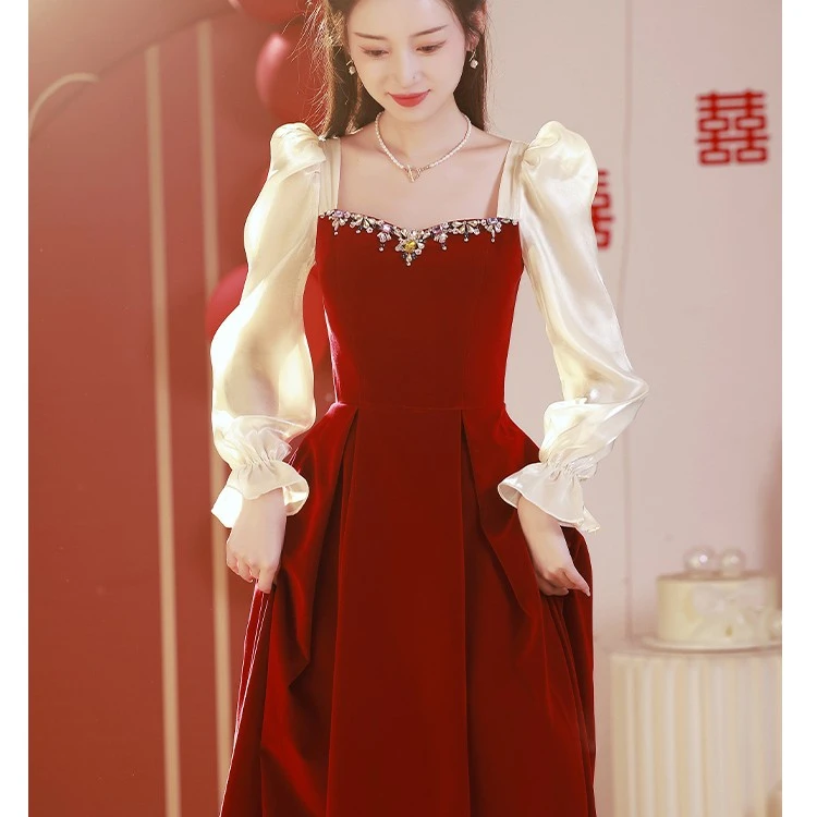 礼服气质显瘦春夏季小个子法式酒红色婚礼结婚敬酒服新娘装连衣裙