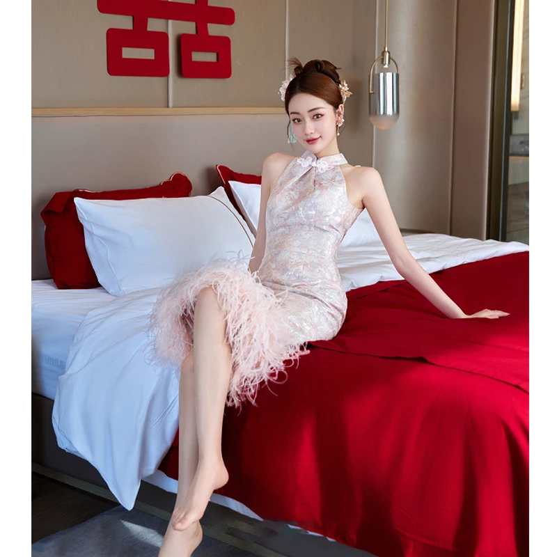新中式晨袍新娘结婚敬酒服订婚礼服高级感小个子修身显瘦连衣裙女