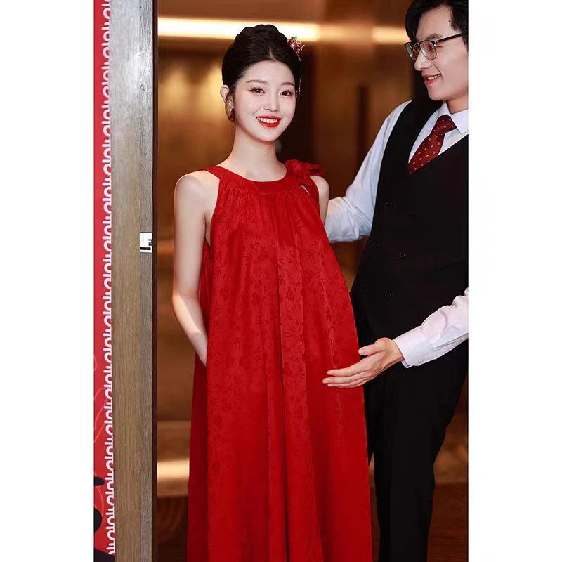 新中式红色晨袍女新娘孕妇敬酒服大码胖晨拍订婚礼服遮肚子连衣裙