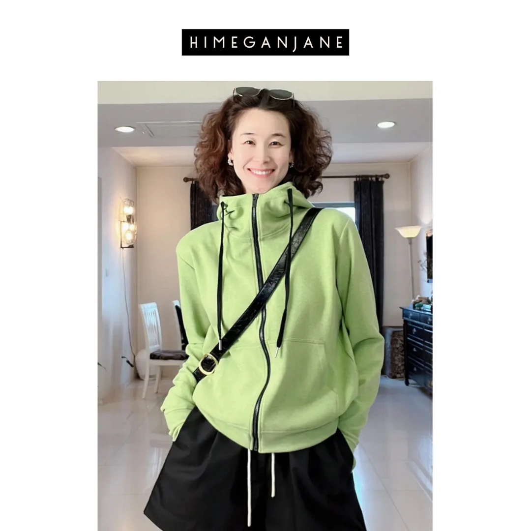 HIMEGANJANE 手套设计拉链帽衫秋冬新款加厚连帽卫衣女 62302