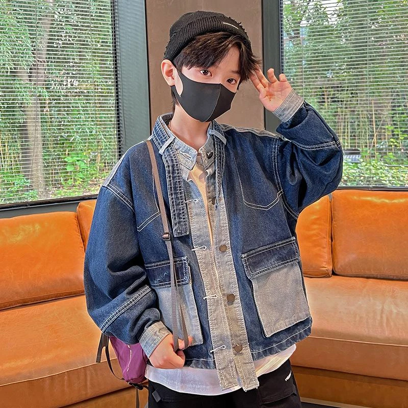 男童痞帅拼接牛仔外套2024新款春秋款中大童男孩个性高街夹克上衣