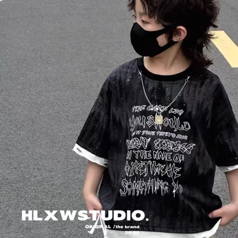 木云童男童短袖T恤夏季2024新款儿童潮款圆领字母短袖中小童T袖潮