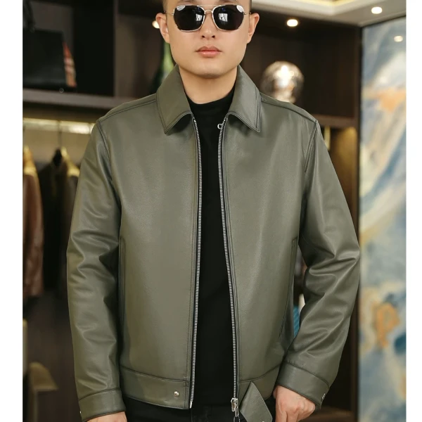 头层牛皮商务休闲单款男士春秋时尚百搭真皮翻领潮流简约修身