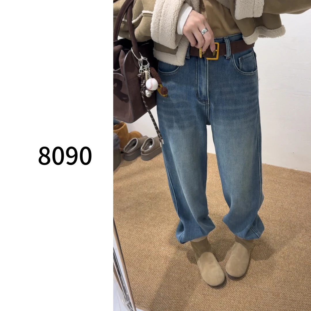 【8090暖居】冬季复古蓝色加绒窄版拖地牛仔裤NJ-F89717