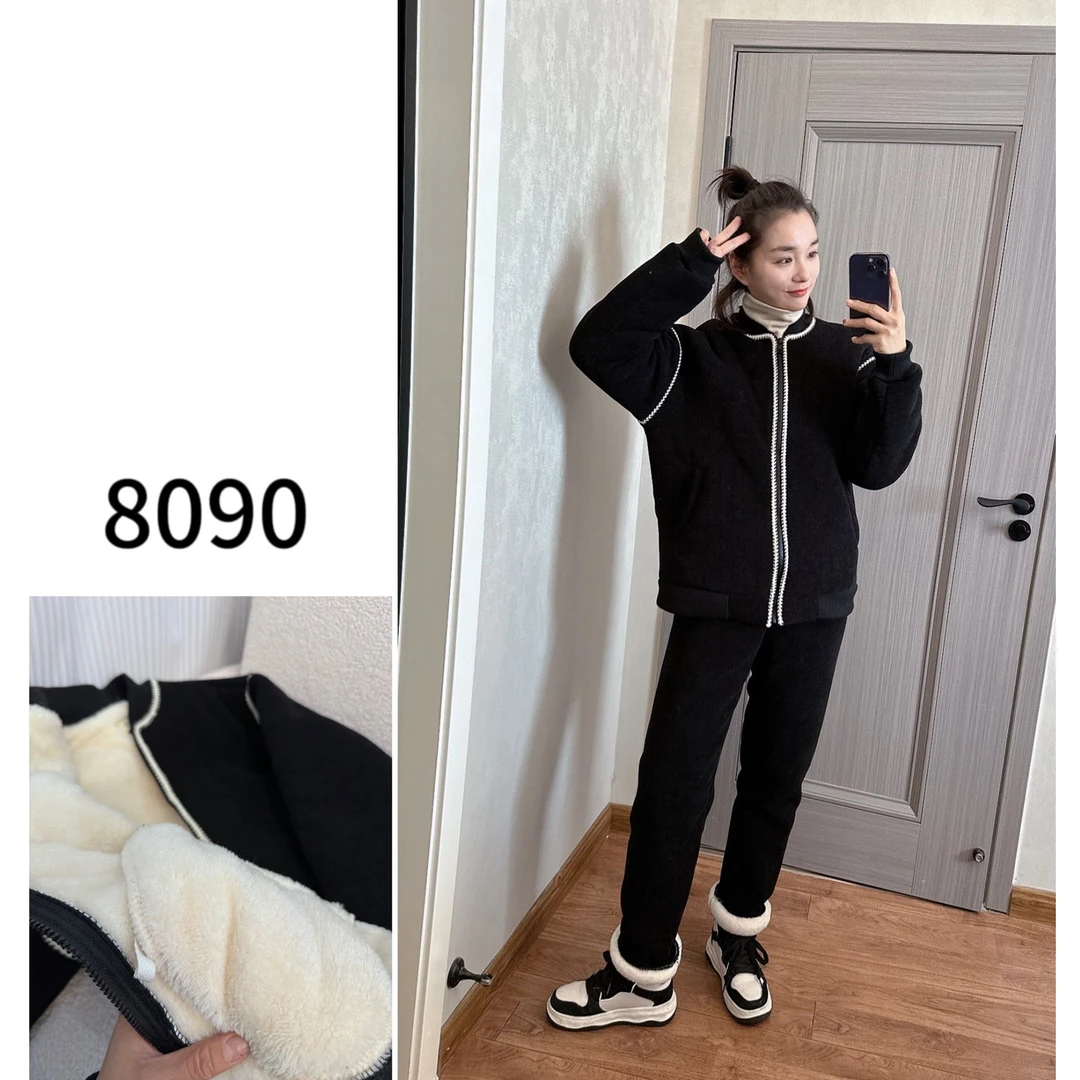 【8090暖居】棒球黑色拉链套装冬季加绒加厚休闲显瘦NJ-23399