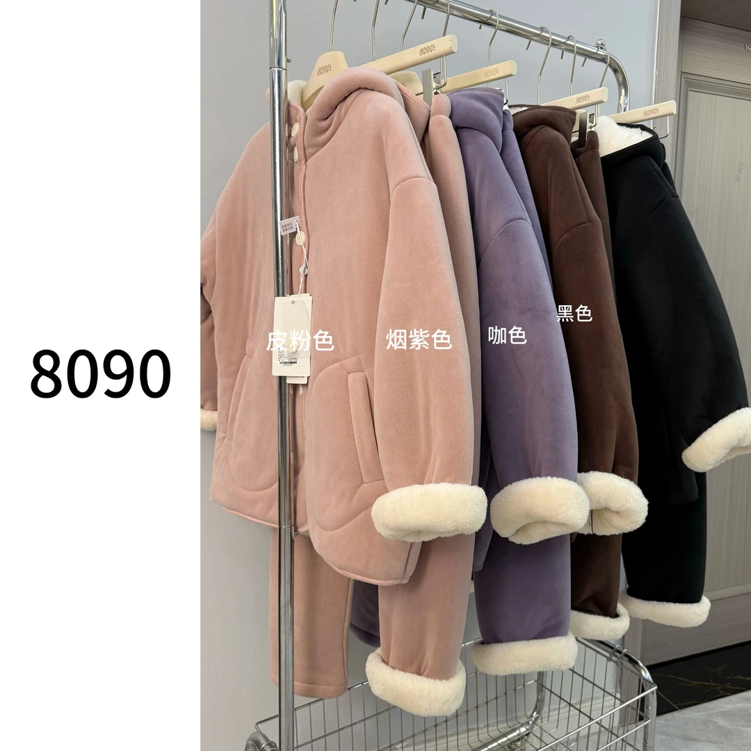 【8090暖居】冬款简约小白扣韩系连帽三层加厚家居服套装NJ-2487