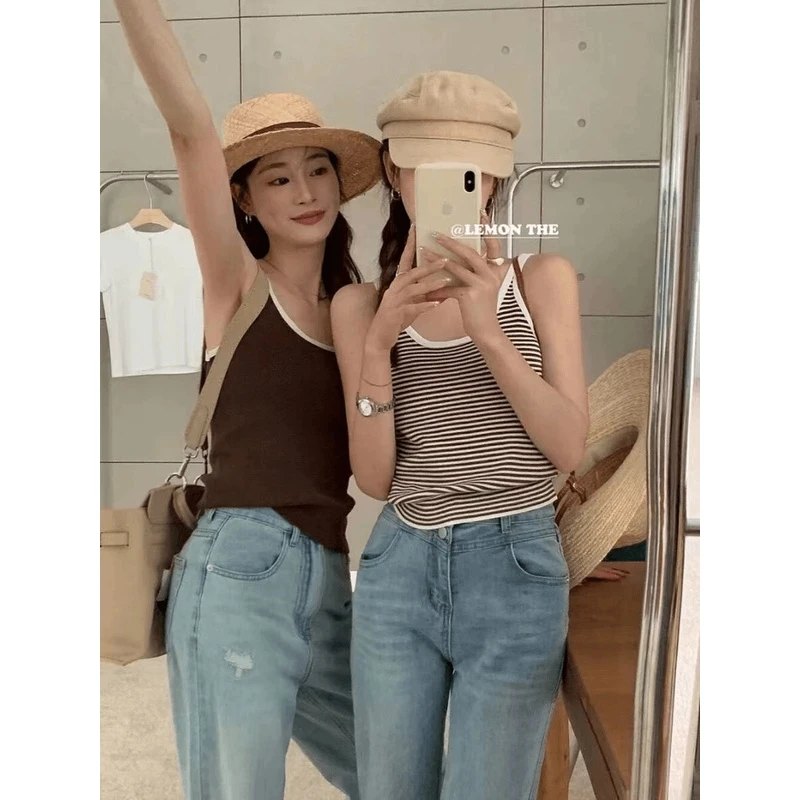 纯尔漫早秋新款韩系撞色条纹设计感背心打底自带杯垫内搭单穿上衣