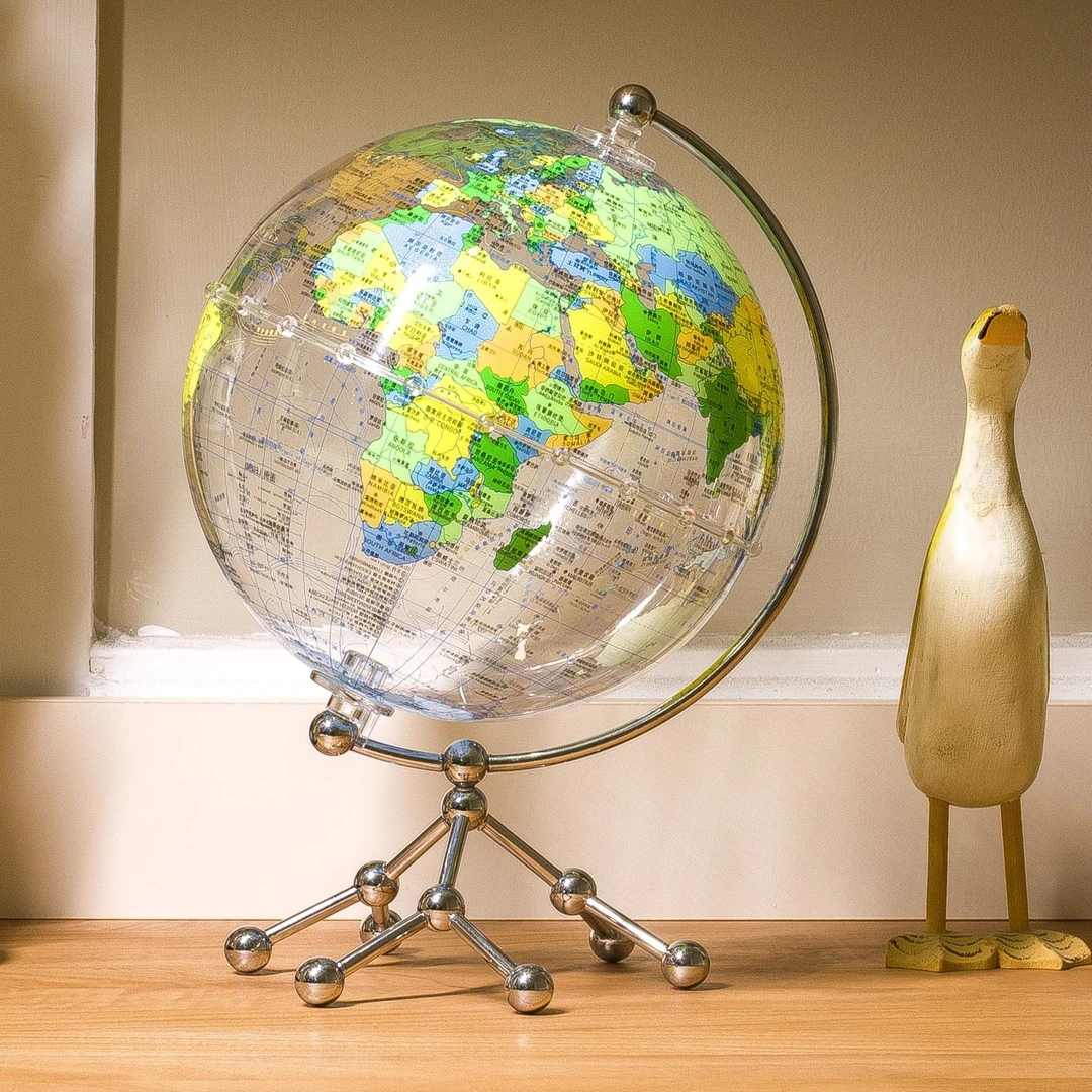 政区彩色透明地球仪摆件带灯夜灯充电教学自转金属底座酒柜电视柜