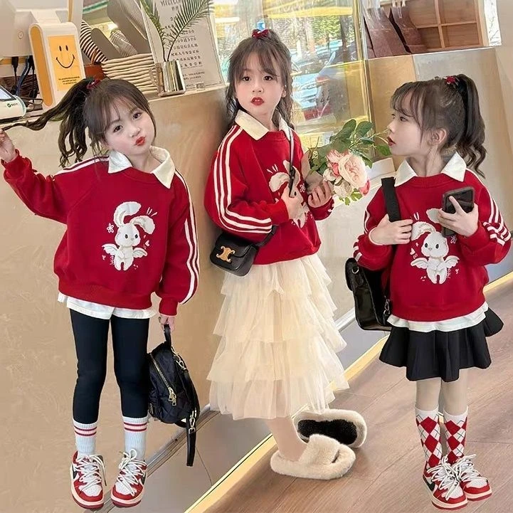 女童卫衣新款儿童寸衫领红色兔子上衣2023新款洋气春秋款