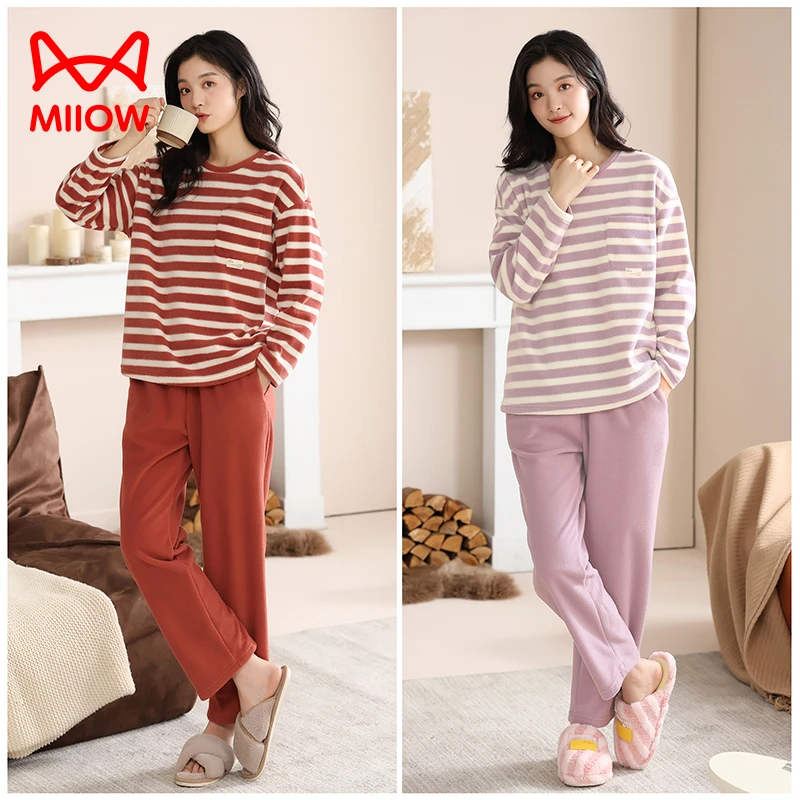 猫人摇粒绒条纹双面绒保暖睡衣女秋冬加厚套装可外穿家居家居服HY
