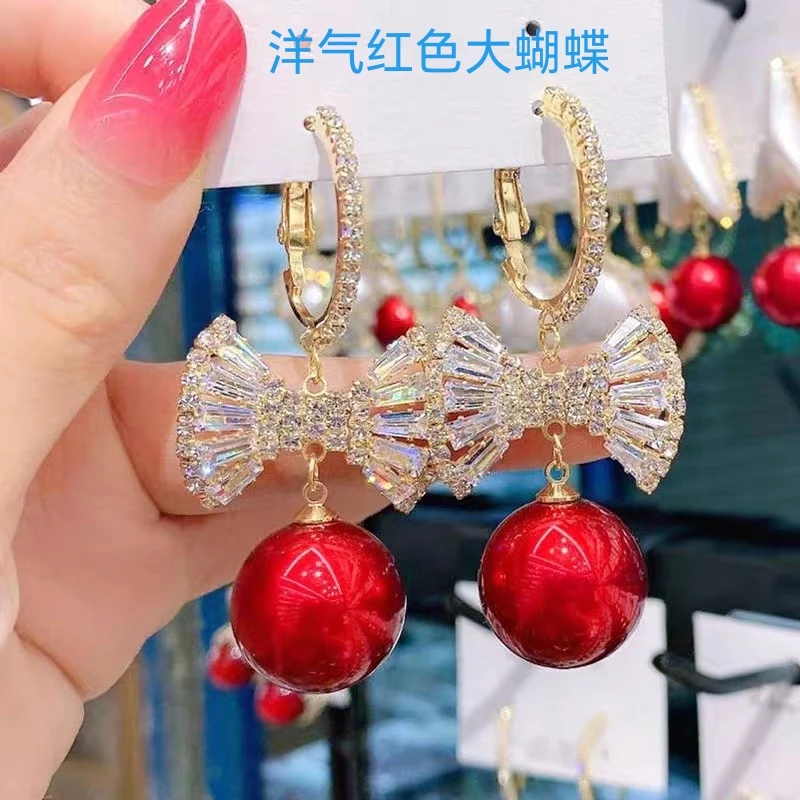合金仿珍珠耳饰 重工超仙流苏闪亮珍珠大耳环长款气质流苏耳环