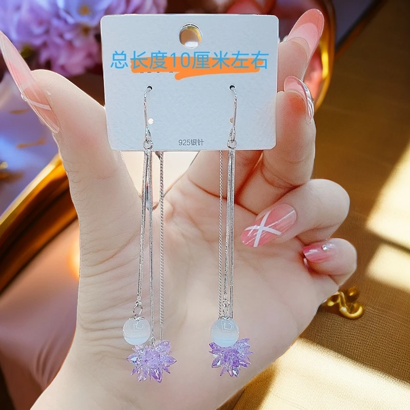 合金玻璃耳饰 紫色冰花气质流苏耳环女清新靓丽轻奢高级感耳饰