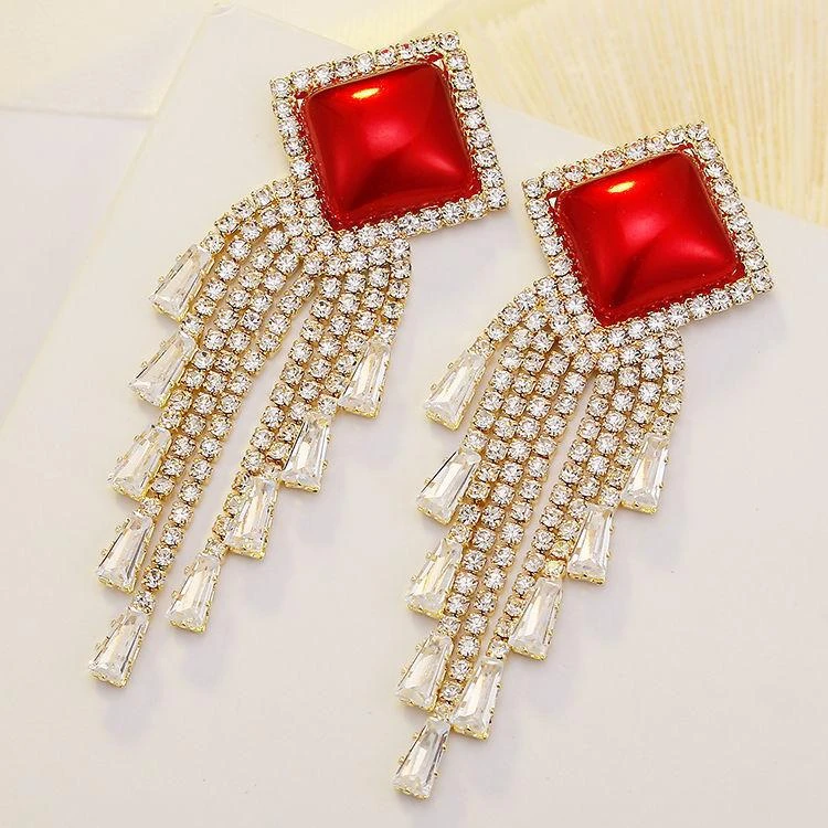 合金仿珍珠耳饰 复古秋冬氛围感耳环红色高级感法式复古几何耳饰