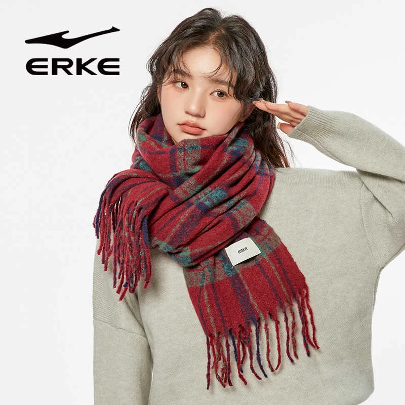 鸿星尔克格子围巾女冬季加厚保暖学生英伦时尚红色围脖披肩男9707