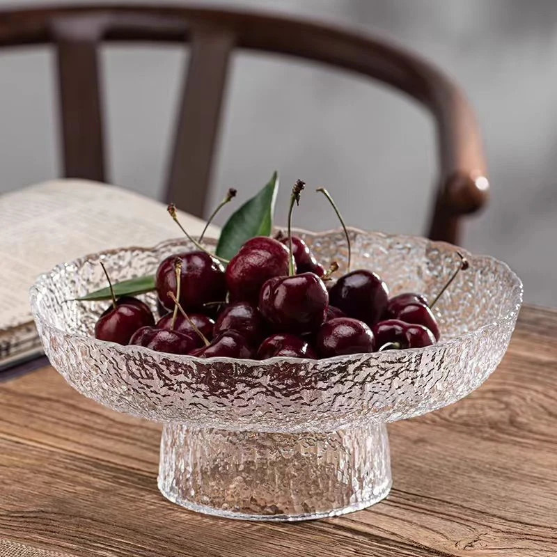 日式家用水果盘子套装家用冰露纹创意高脚三层玻璃零食托盘果篮子