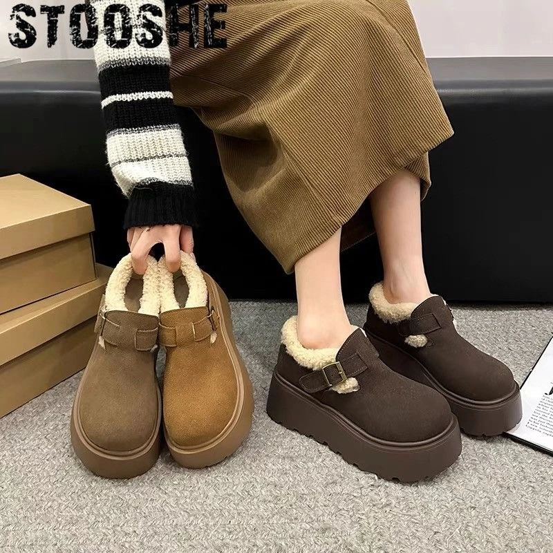 真皮毛毛鞋厚底松糕超高跟7cm乐福一脚蹬加绒勃肯鞋大头面包鞋女