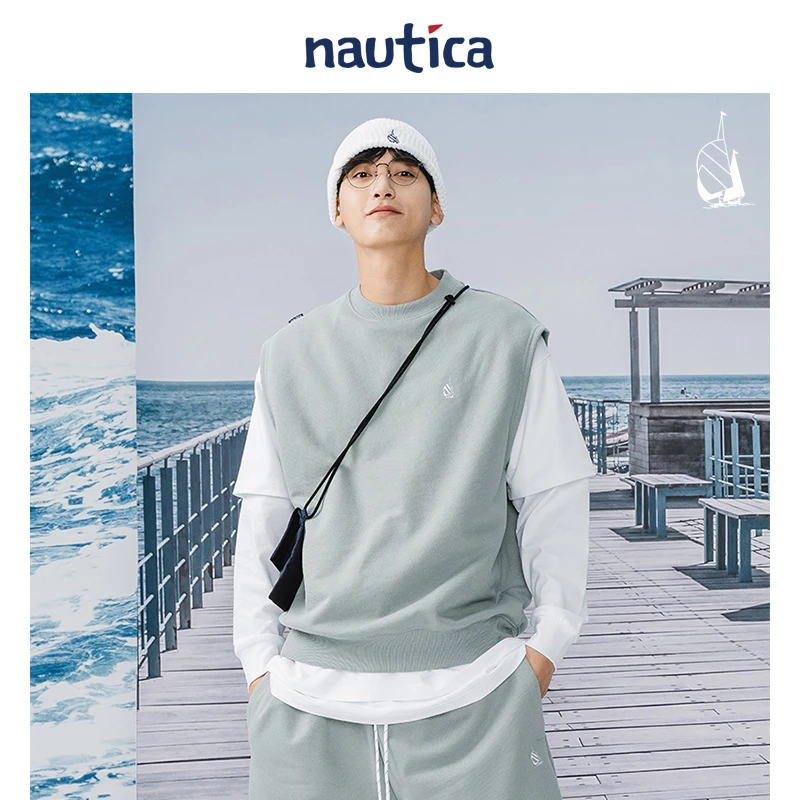 nautica白帆春季宽松基础款时尚棉质圆领针织运动背心马甲KW2161