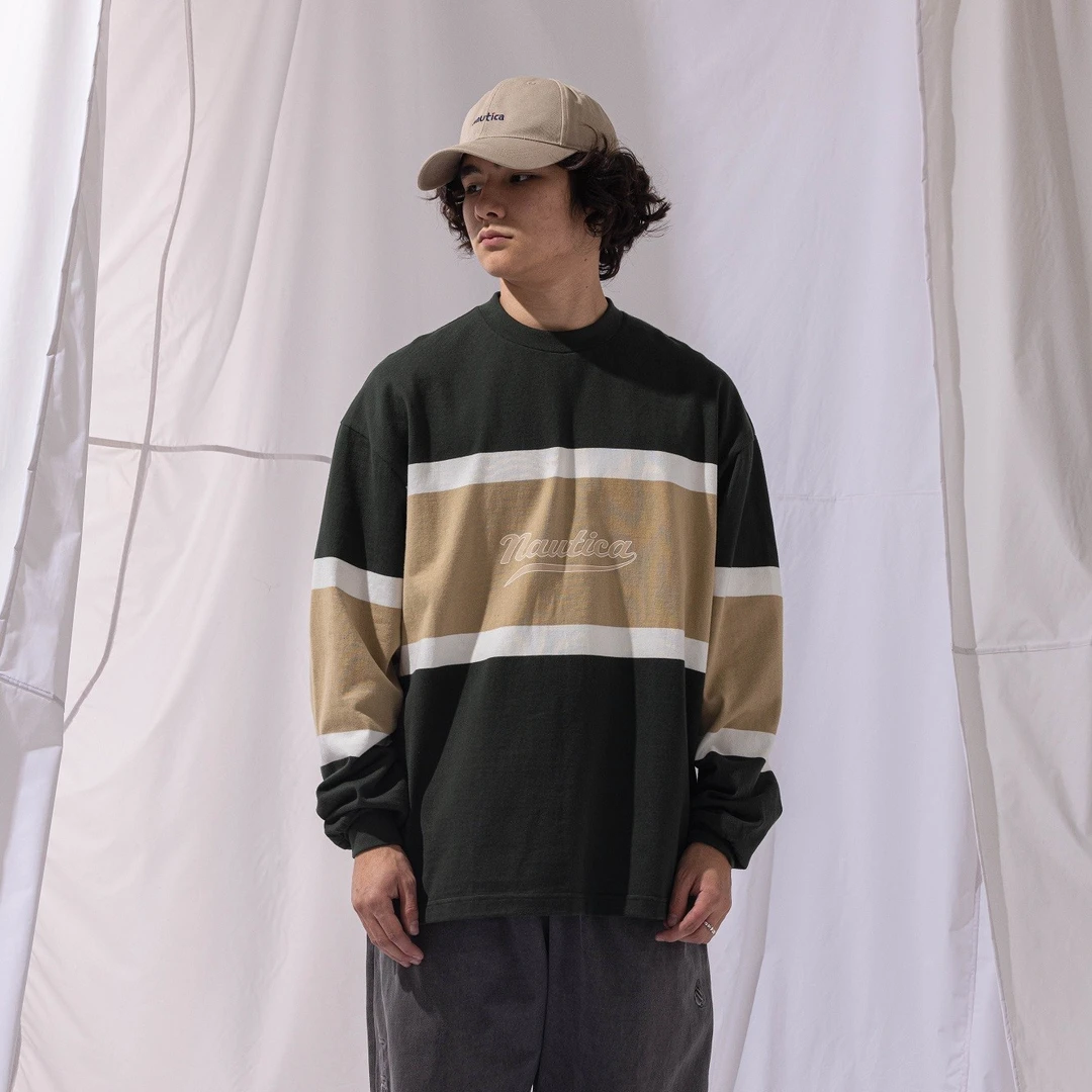 nautica jp日系街头cityboy基础款简约条纹撞色圆领T恤 JPTW2329