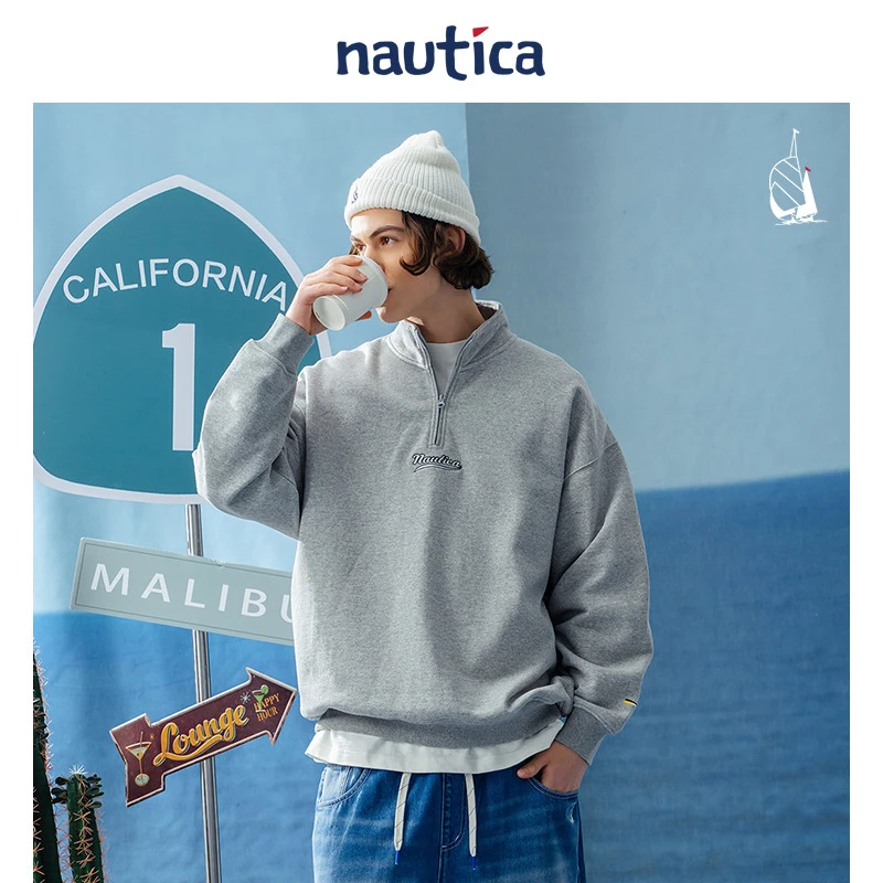 nautica日系复古cityboy半拉链纯色宽松套头卫衣JPKW3105雅丹风