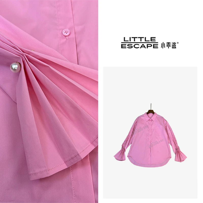 小乖逃Q休闲压褶袖 珍珠扣 粉白色衬衫POLO衬衣XT035