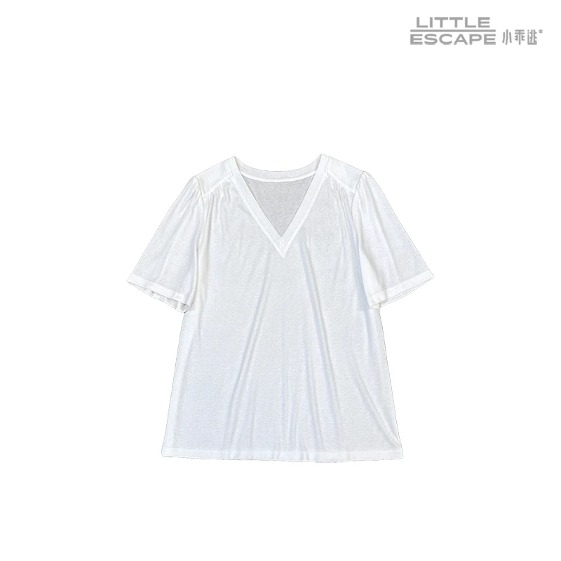 小乖逃Q新款V领灰色T恤短袖柔软简约休闲240427