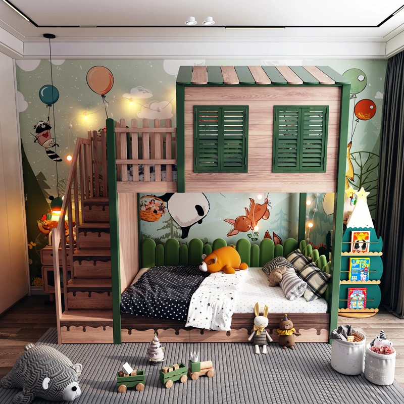 风赞实木儿童床小户型双层床树屋床上下铺高低子母床带梯柜上下床