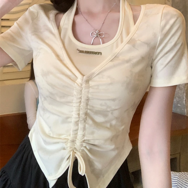 大码夏季设计感挂脖短款短袖T恤女胖mm假两件显瘦正肩上衣女