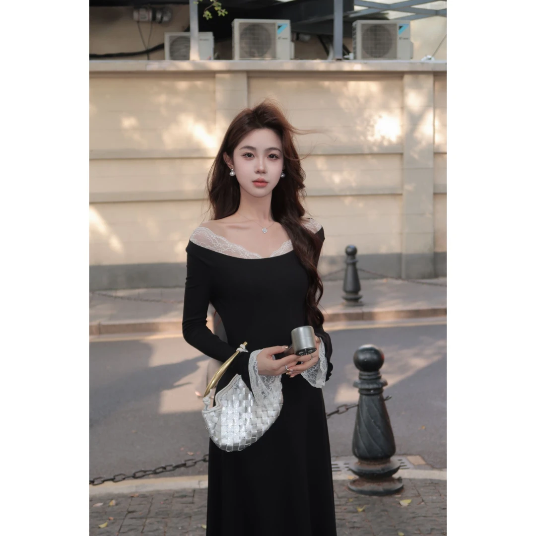 【晚意】纯欲风露肩小众设计感蕾丝拼接假两件时髦长袖连衣裙LL9334