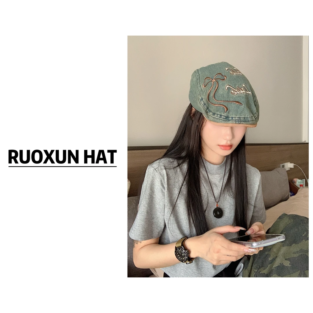 RUOXUN牛仔前进帽女复古刺绣反戴贝雷帽大头围水洗牛仔帽子显脸小