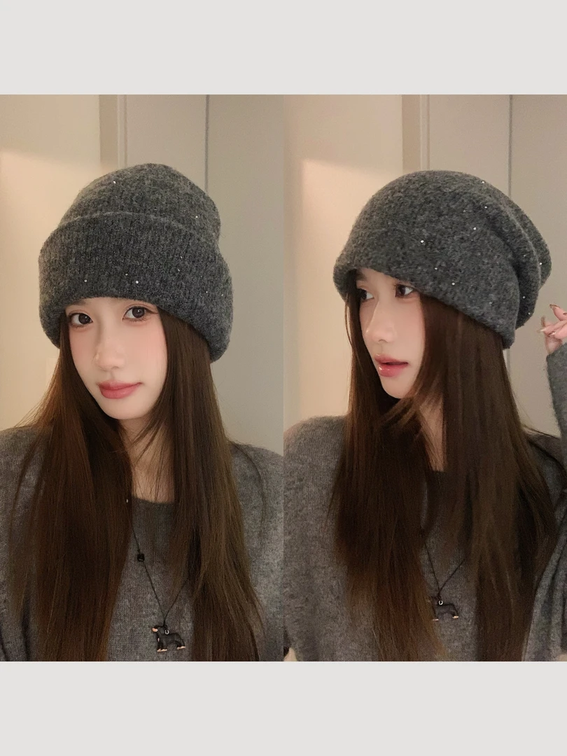 RUOXUN亮片羊毛混纺针织帽加厚保暖百搭大头围堆堆帽冷帽显脸小