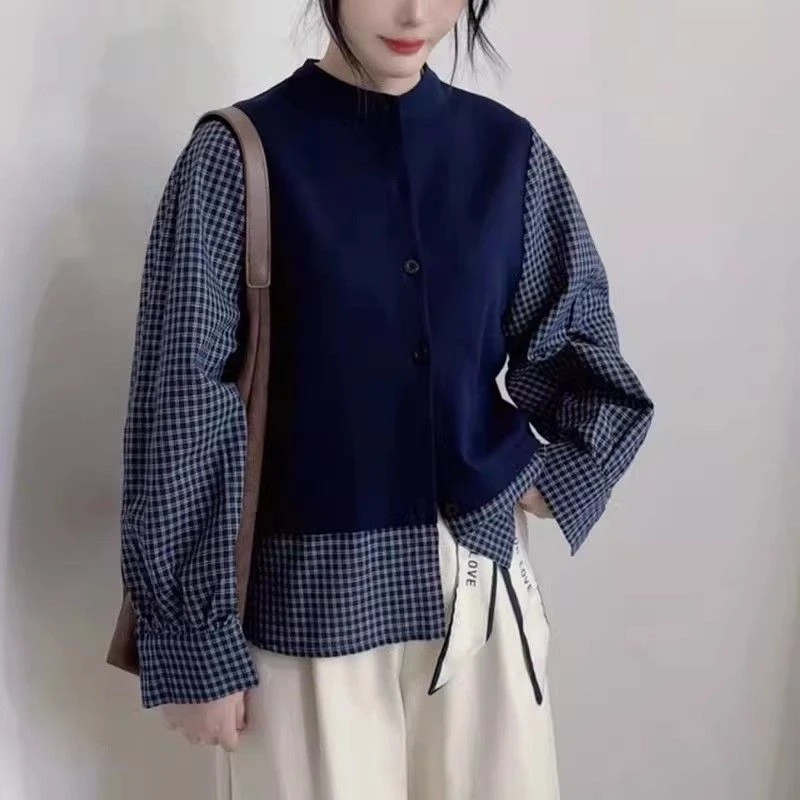 欧货设计感假两件长袖条纹衬衫女2024秋季新款宽松单排扣时尚上衣