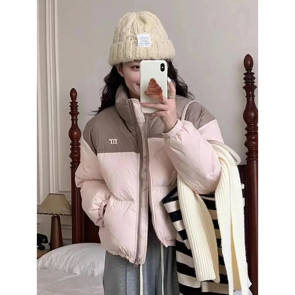 拼色羽服女2023新款加厚面包服小个子短款冬季外套时尚