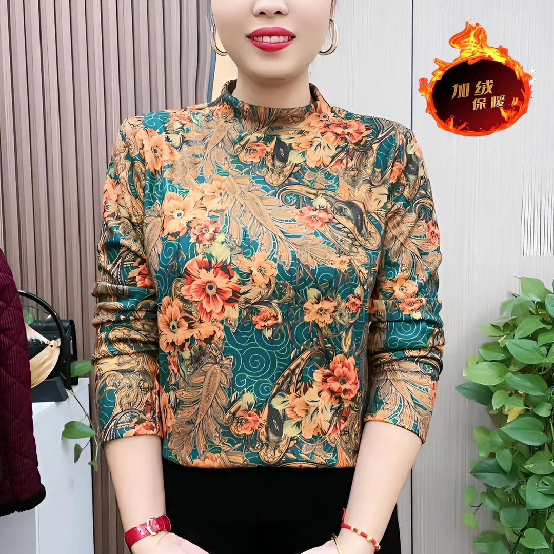 秋冬季新款时尚妈妈装洋气百搭加绒保暖半高领中老年长袖打底衫