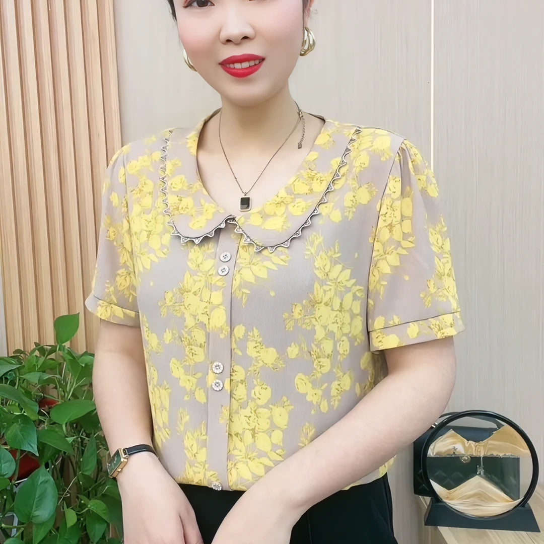 2023夏季新款时尚中老年妈妈装洋气百搭气质显瘦减龄娃娃领短袖