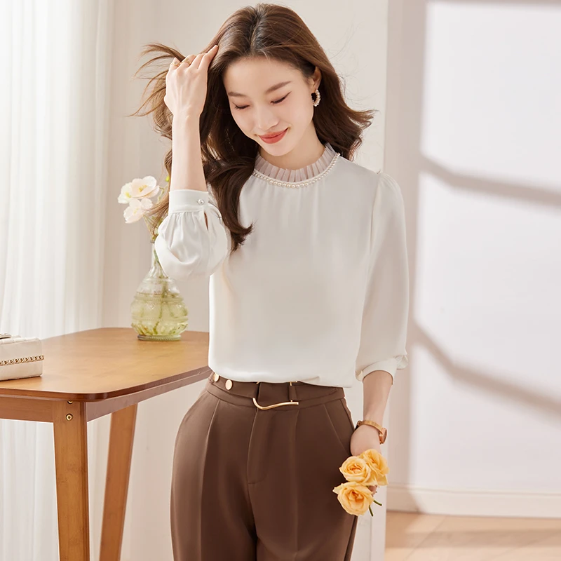 Q6851长袖衬衫百搭小众洋气显瘦时尚春秋宽松圆领设计感蕾丝衬衣