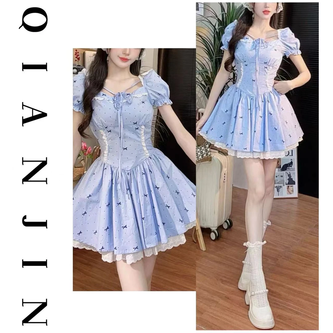 【千金推荐】夏季新款方领法式显瘦蝴蝶结显瘦装连衣裙SQJDJ402632