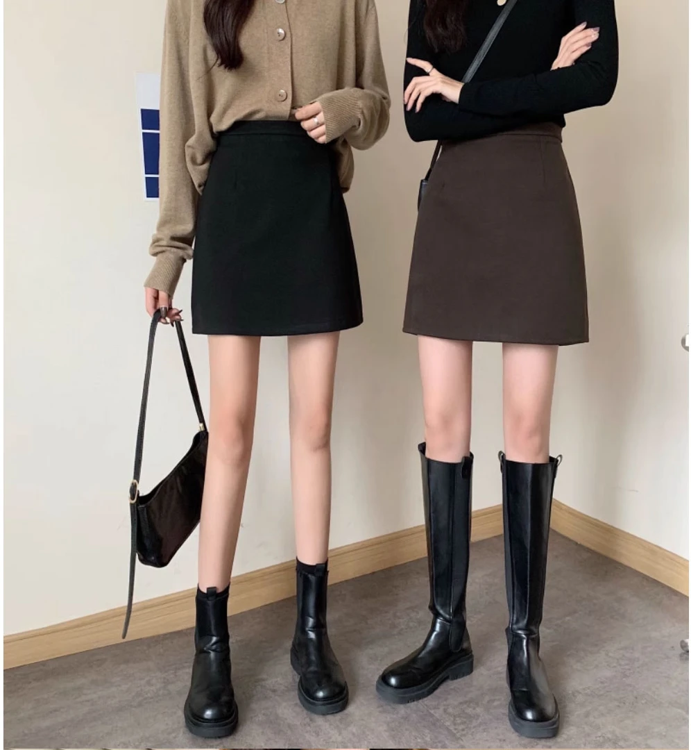 黑色毛呢a字半身裙秋冬2024新款韩版高腰显瘦简约纯色包臀短裙女