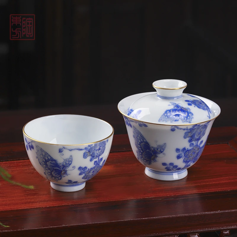 景德镇青花手绘斗彩梦蝶二才盖碗错金银高端陶瓷个人杯手工主人杯