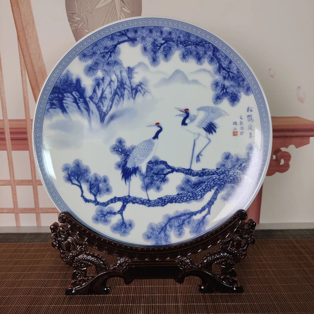 景德镇陶瓷青花松鹤装饰挂盘赏盘房间装饰品摆设家居饰品桌面摆件