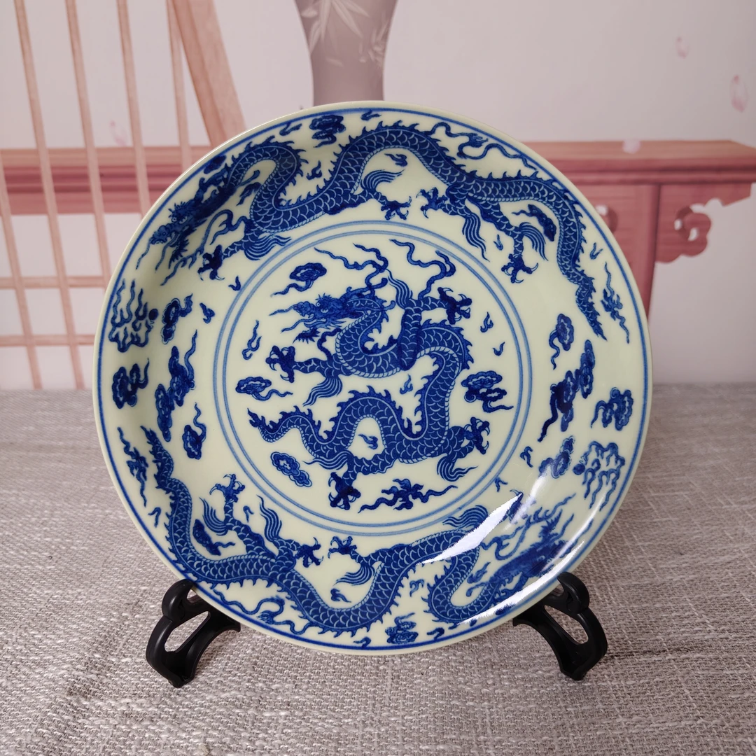景德镇黄稀土青花柴窑手绘龙纹雕刻赏盘壶承茶托家用泡茶盘壶托