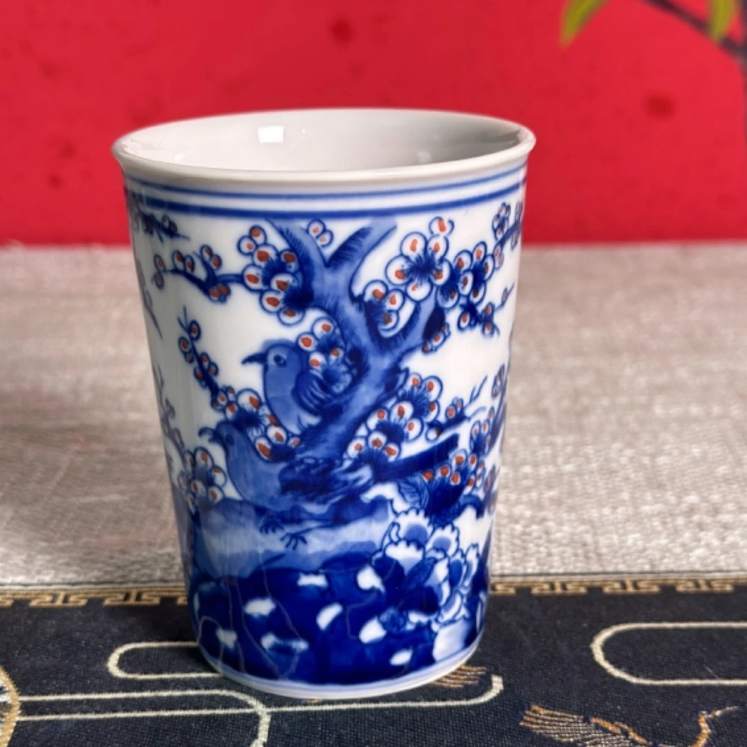 手绘红稀土喜上眉梢可乐杯景德镇陶瓷茶杯茶具大号主人杯直筒杯子
