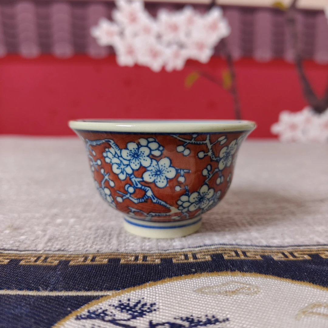 景德镇黄稀土青花釉里红手绘柴窑冰梅小压手杯主人杯功夫茶杯茶具