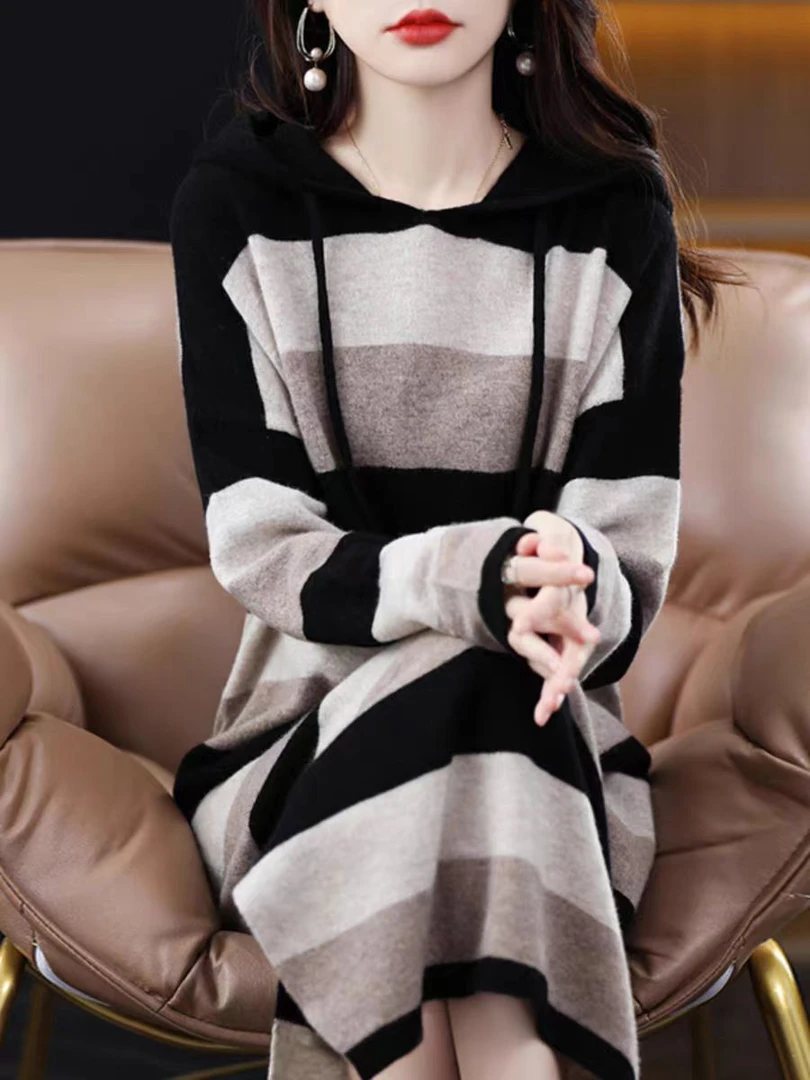 100%纯羊毛衫女士连帽针织连衣裙长款打底条纹毛衣裙