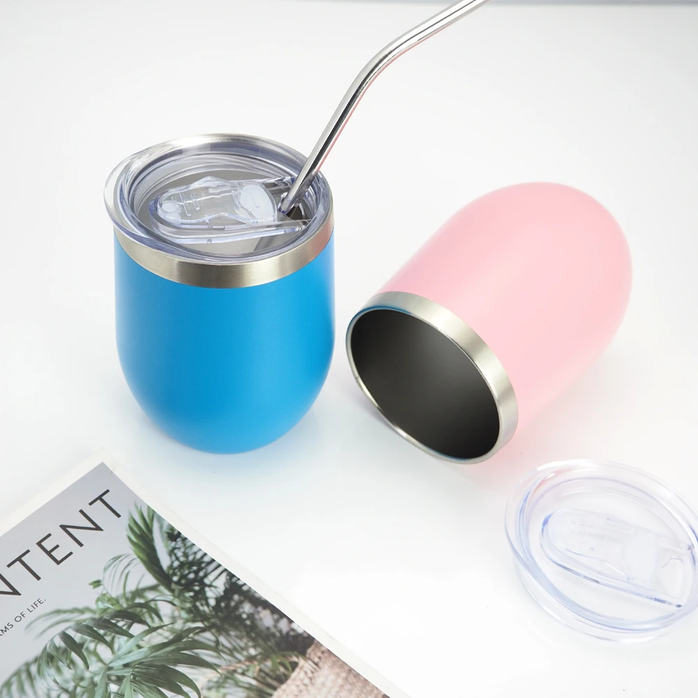 蛋壳杯咖啡杯304不锈钢水杯纯色双层办公家用喝水杯400ml吸管