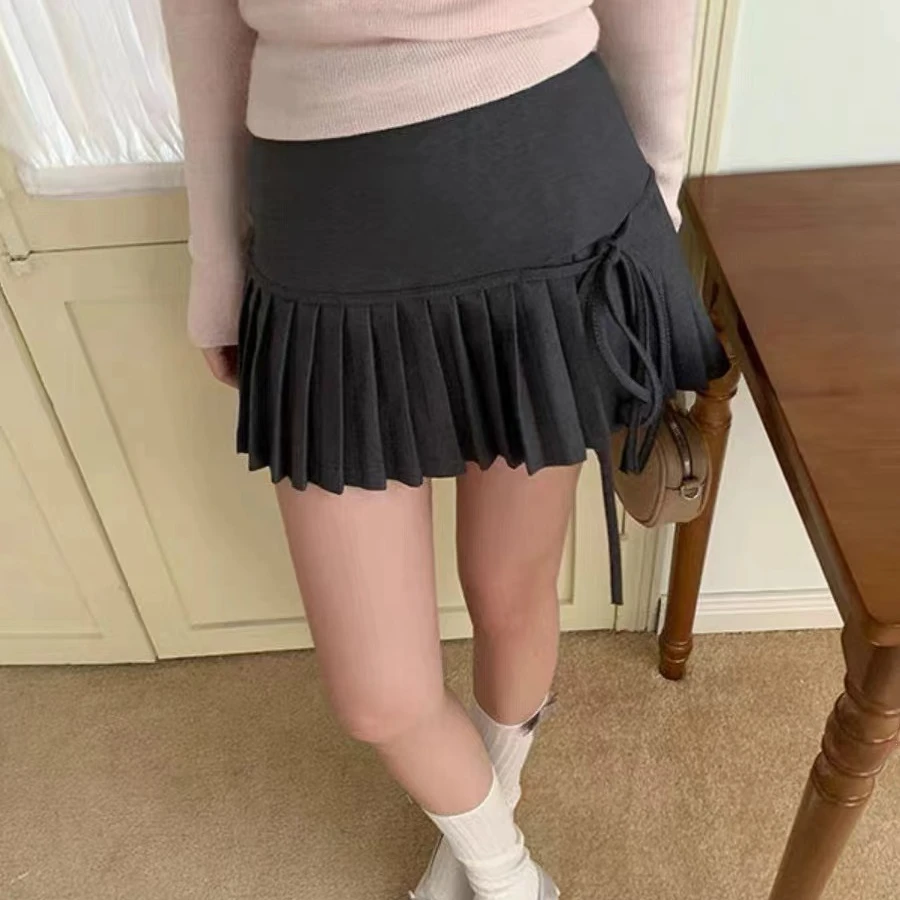 黑色蝴蝶结系带半身裙女秋冬高腰显瘦a字jk短裙小个子百褶裙半裙