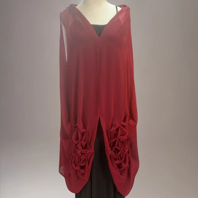 【大海轻奢】W23144新款酒红褶皱夏季宽松不规则设计师款时尚上衣